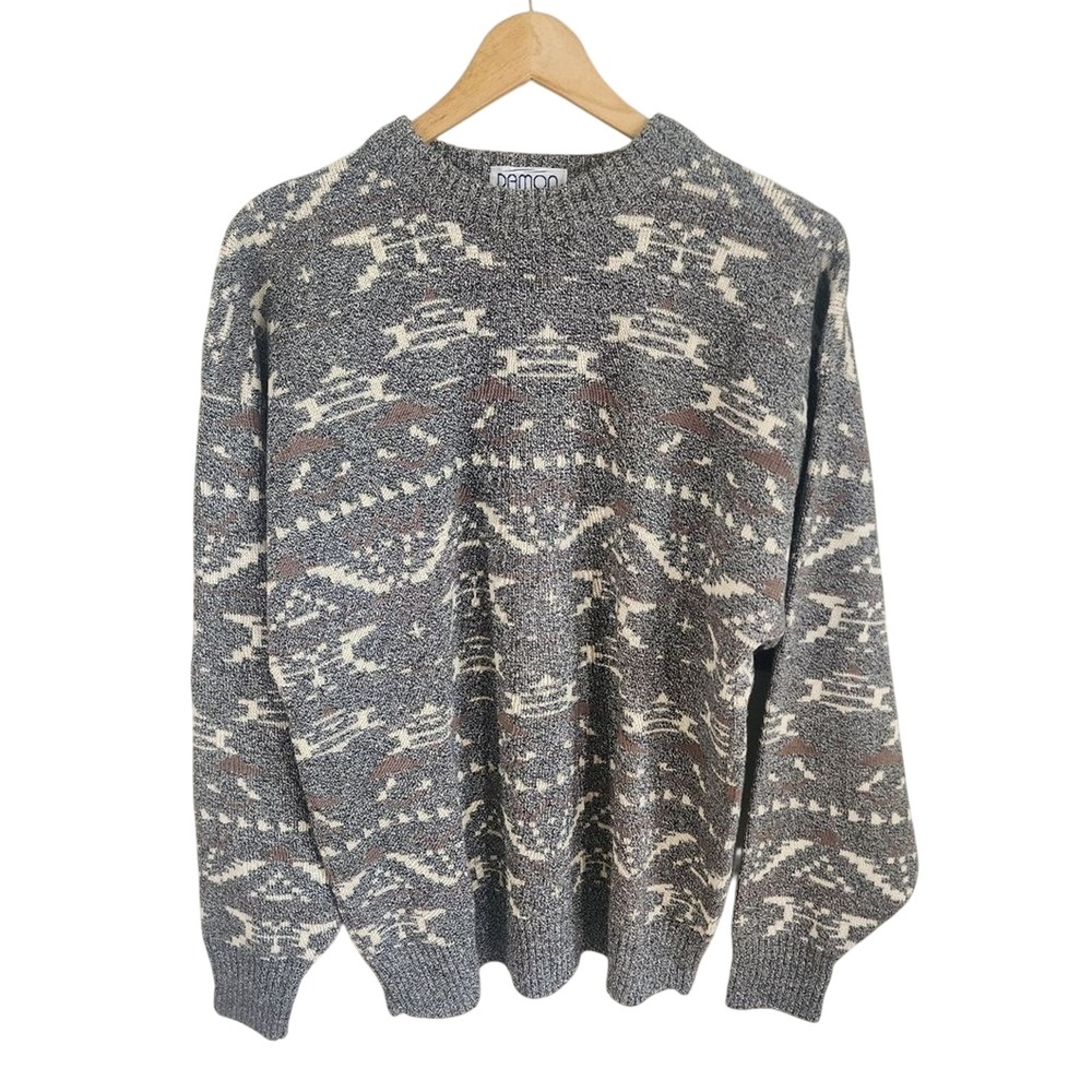 Vintage Damon Grandpa Sweater Mens L USA Made 100% Cotton Gray‎ Geometric Knit
